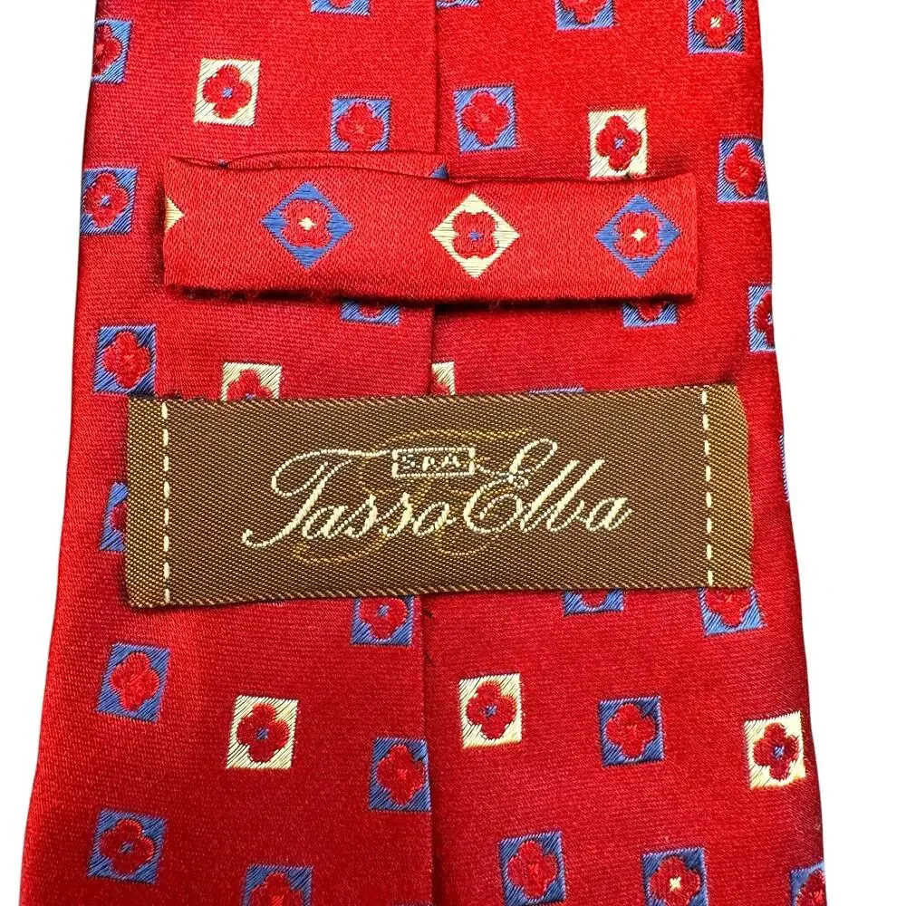 Tasso Elba 100% Silk Designer Dress Tie Mens Red Geometric Floral Pattern 59